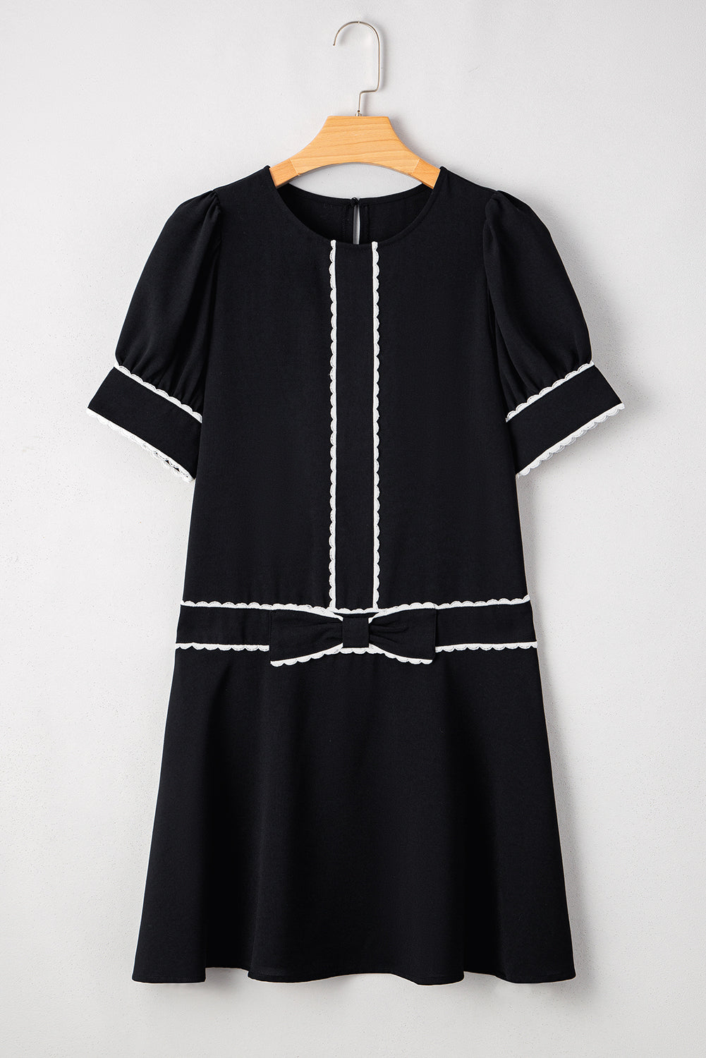 Black Contrast Scallop Trim Bow Detail Half Sleeve Shift Dress