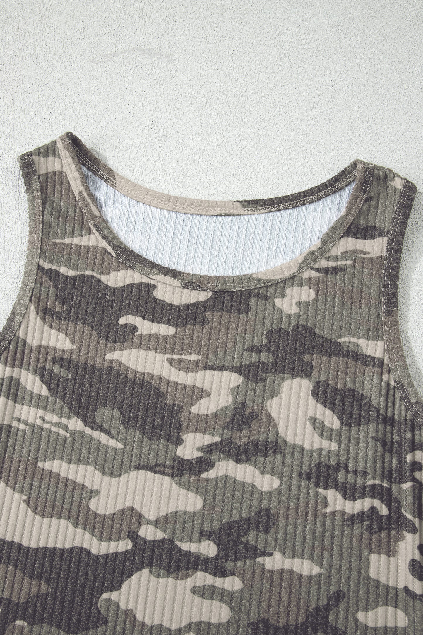 Gray Camouflage Print Ribbed Knit Round Neck Tank Top