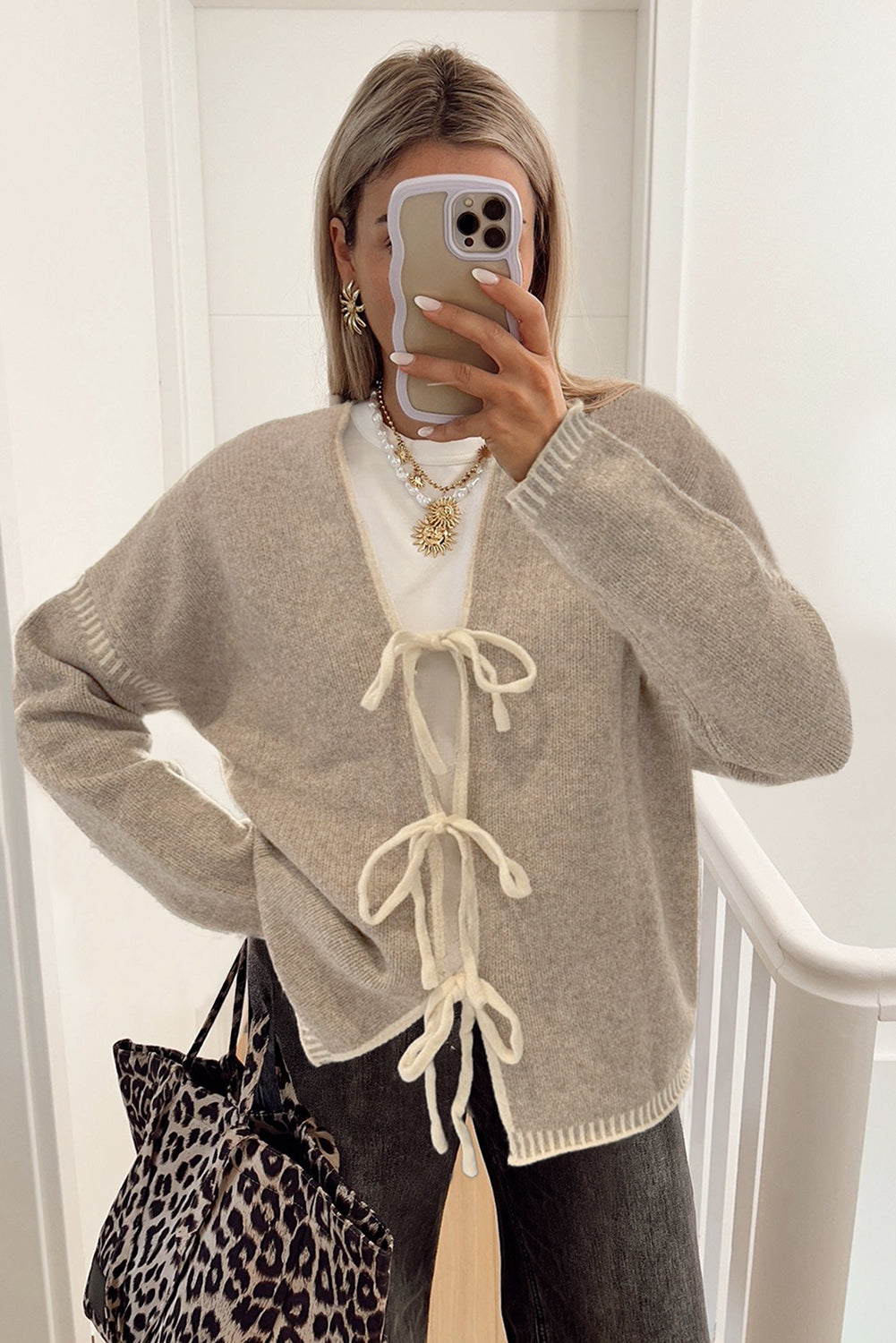 Pale Khaki Tied Front Drop Shoulder Chunky Casual Cardigan