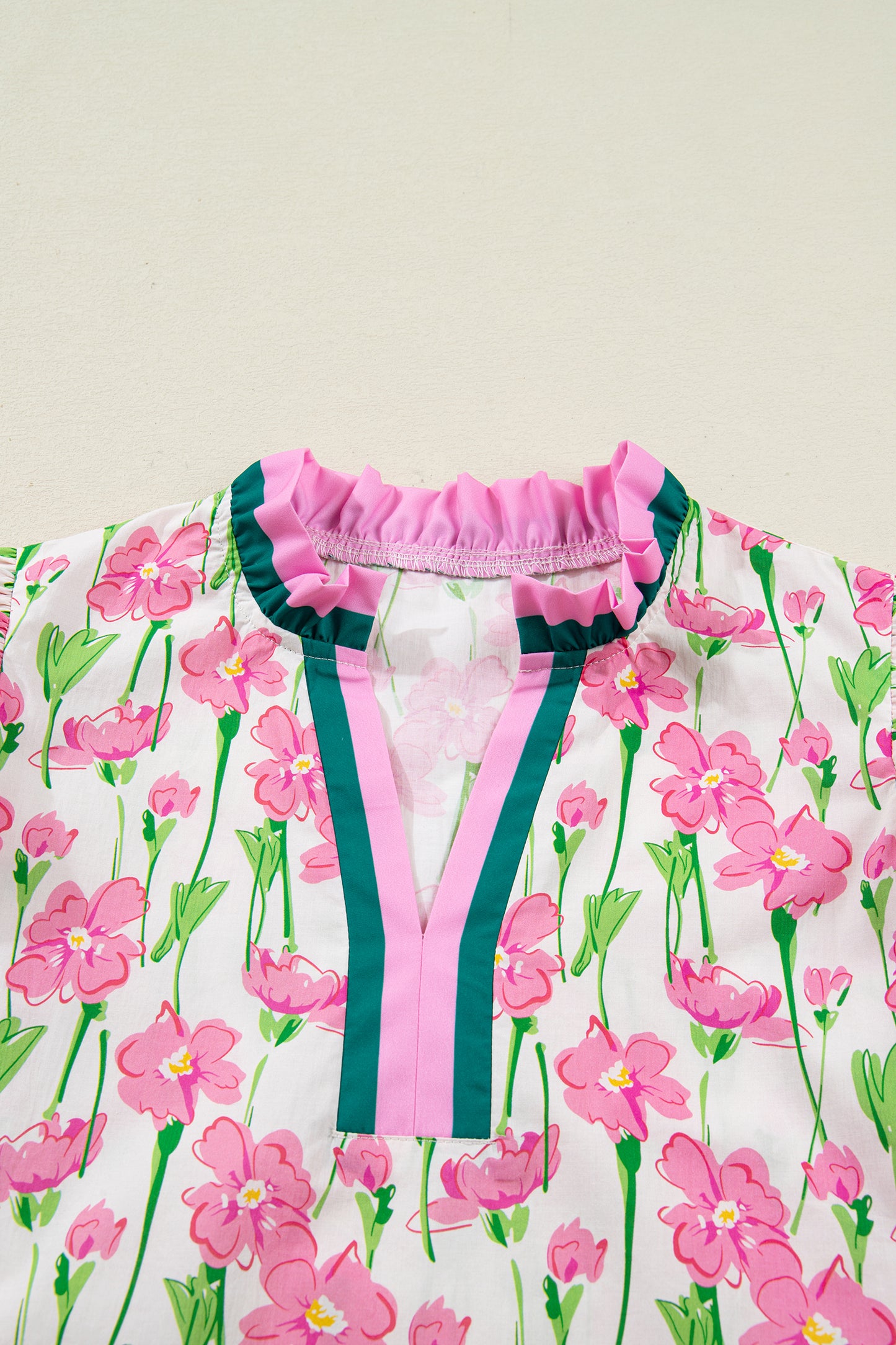 Red Floral Print Contrast Trim V Neck Double Ruffled Short Sleeve Blouse