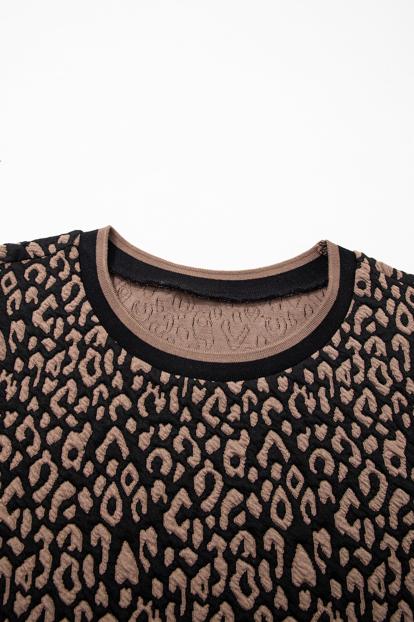 Black Leopard Print Puffy Bracelet Sleeve Contrast Trim Round Neck Top