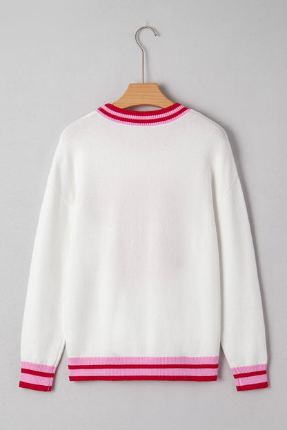 White Striped Trim Bow Graphic Round Neck Drop Shoulder Sweater