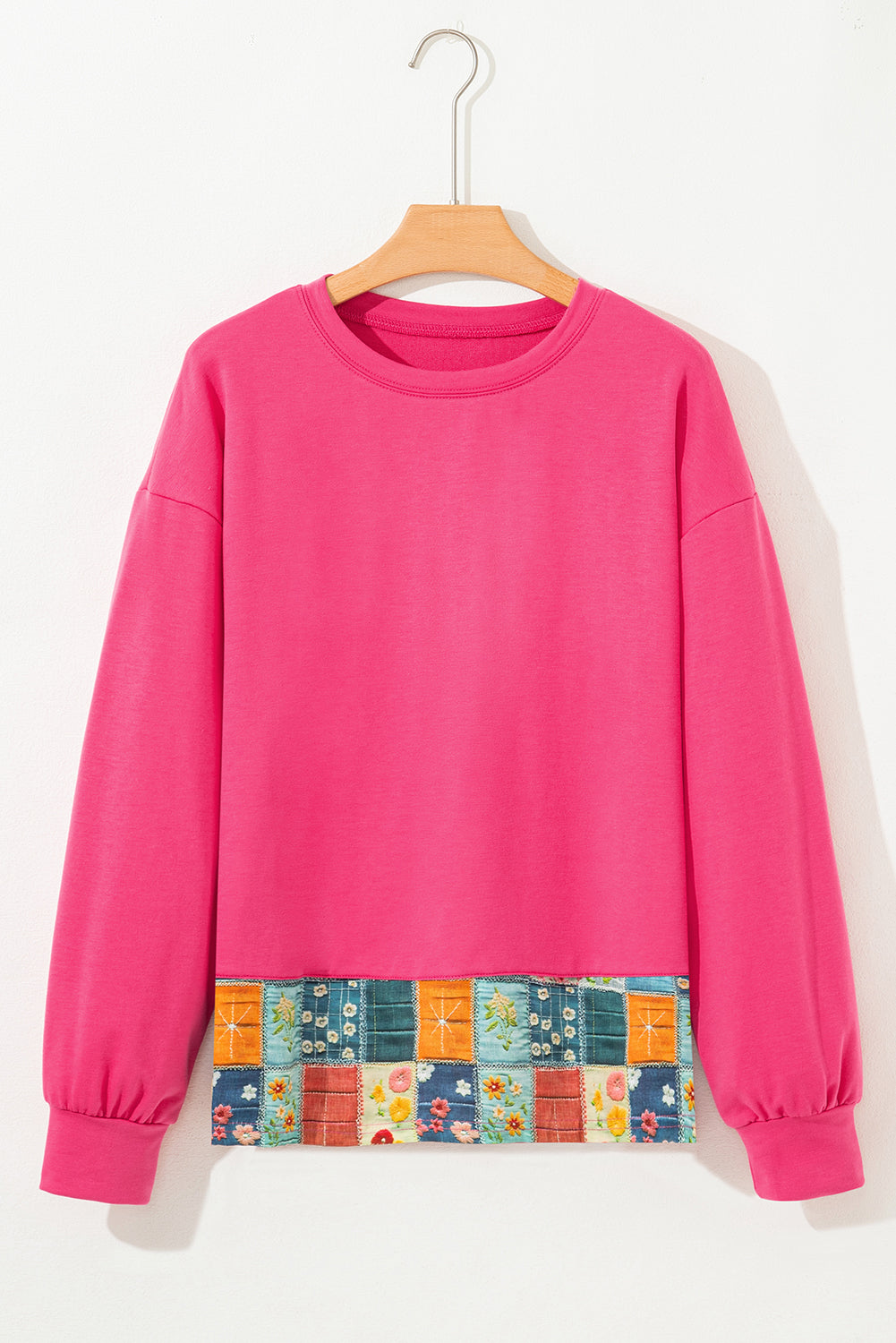 Strawberry Pink Floral Hemline Patchwork Round Neck Casual Top