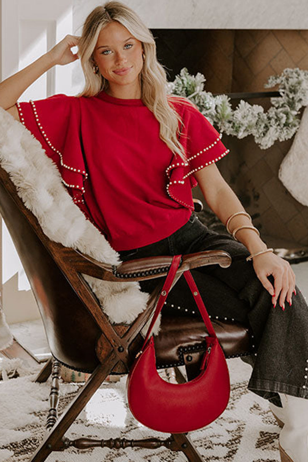 Racing Red Pearl Embellished Double Ruffle Short Sleeve Sweater