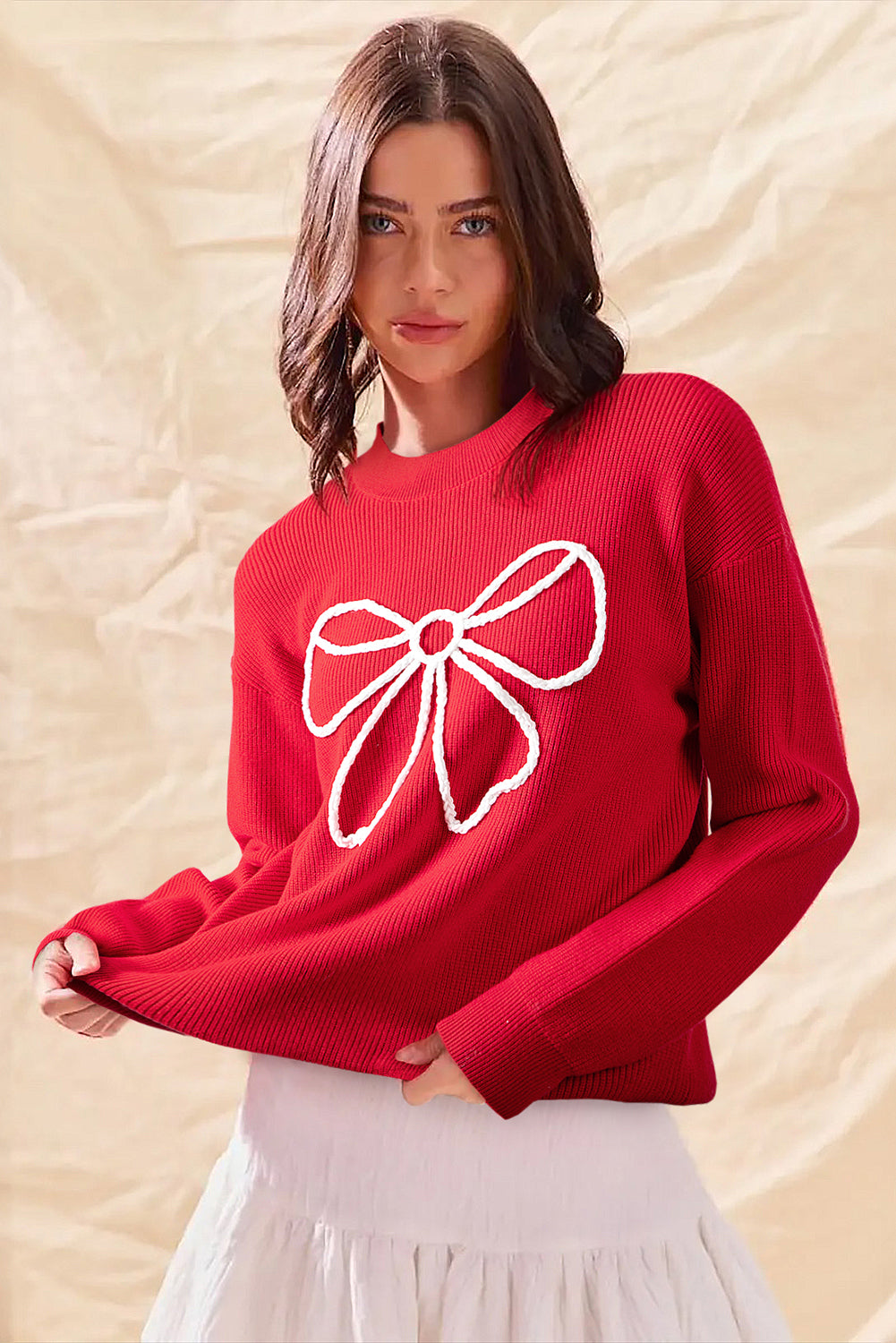 Fiery Red Bow Embroidered Graphic Ribbed Sweater Top