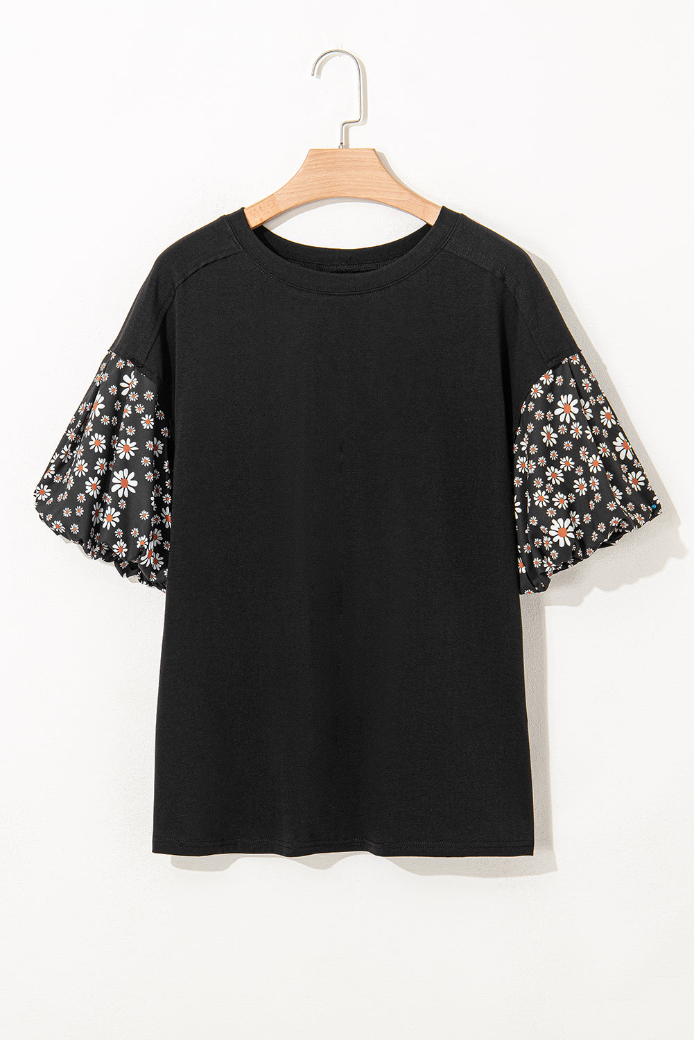 Black Contrast Floral Puff Sleeve Oversized Top