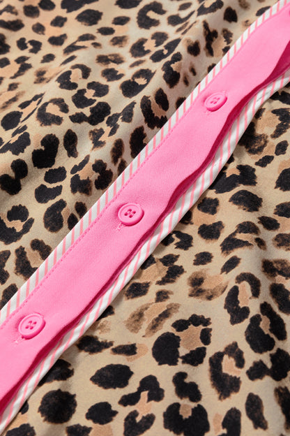 Brown Contrast Trim Leopard Top and Pant Set