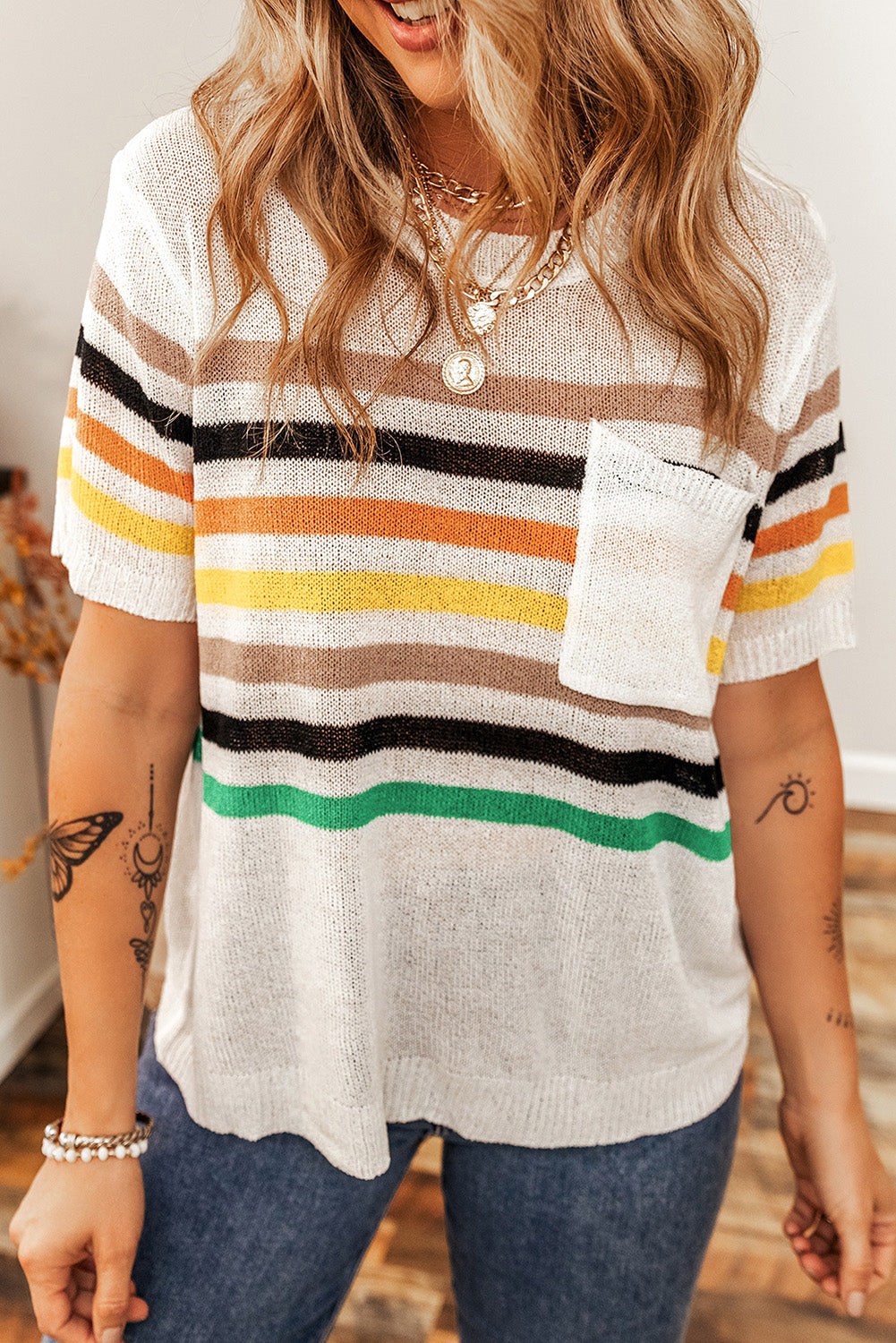 White Striped Pocketed Loose Fit Crewneck Knitted T Shirt