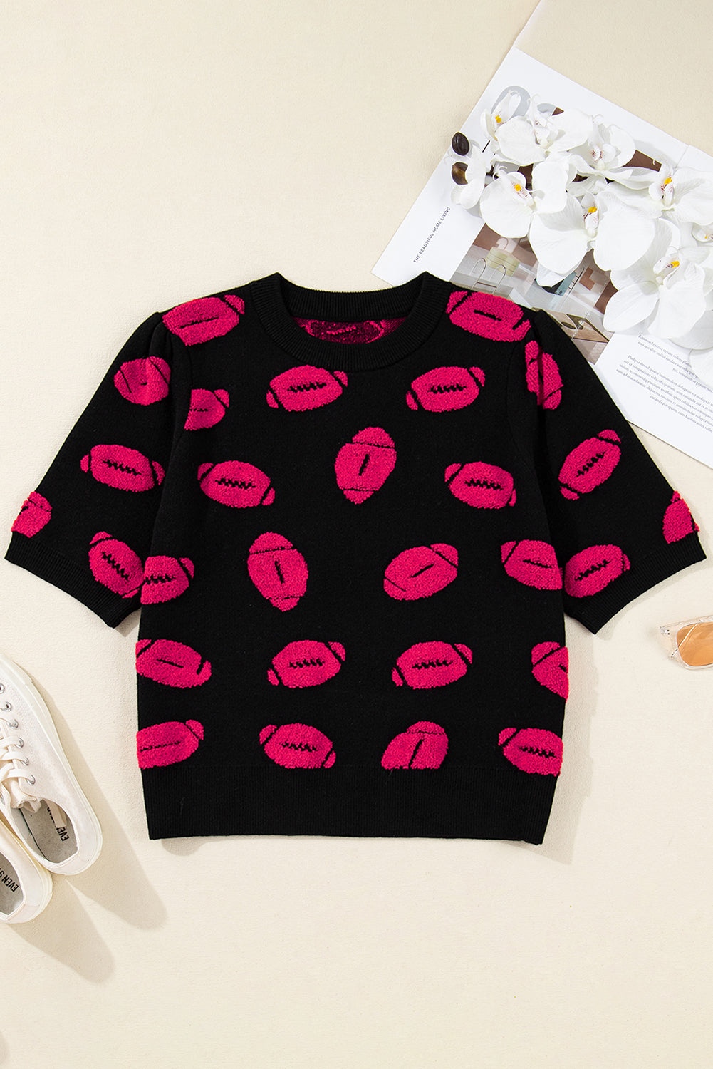 Black Rugby Print Casual Knit Short Sleeve Sweater