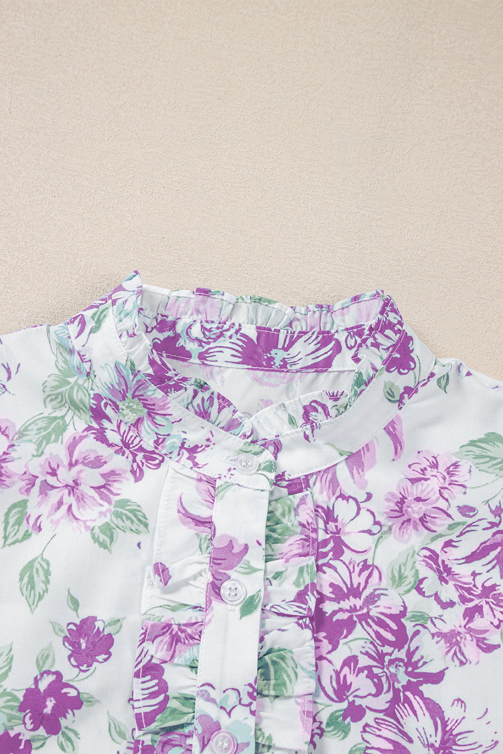 Purple Floral Print Ruffle Sleeve Frilly Button Up Shirt