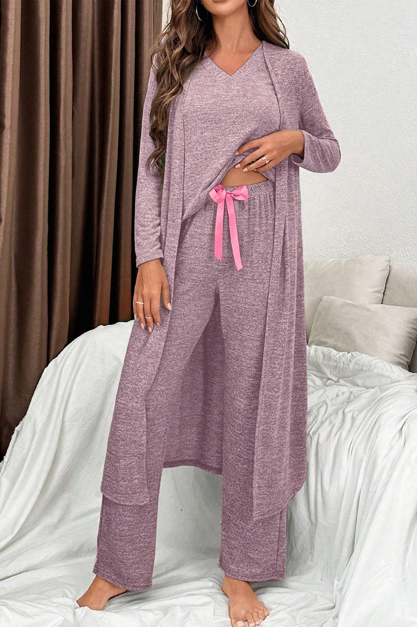 Dark Grey 3pcs V Neck T Shirt Ribbon Knot Pants Open Duster 3pcs Lounge Set