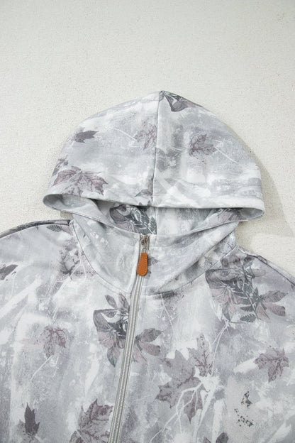 Gray Camo Leaf Print Kangaroo Pocket Quarter Zip Hoodie