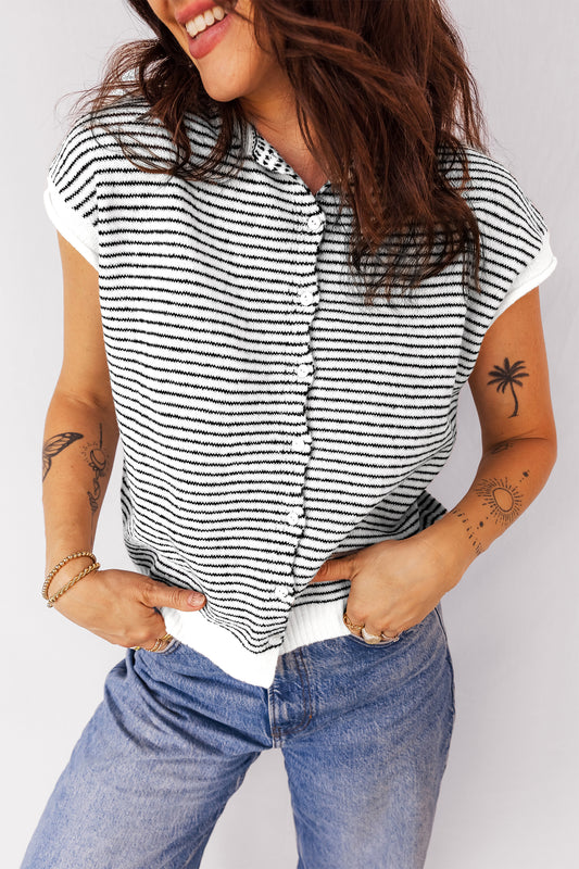 Black Stripe Contrast Trim Cap Sleeve Button Down Casual Cardigan