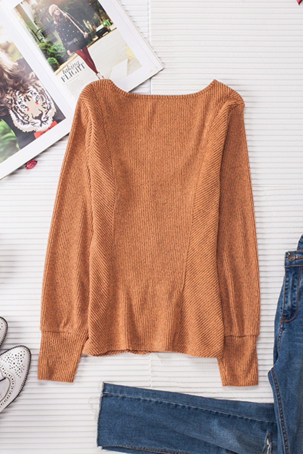 Brown U Neck Textured Long Sleeve Top