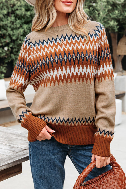 Khaki Aztec Print Colorblock Crew Neck Sweater