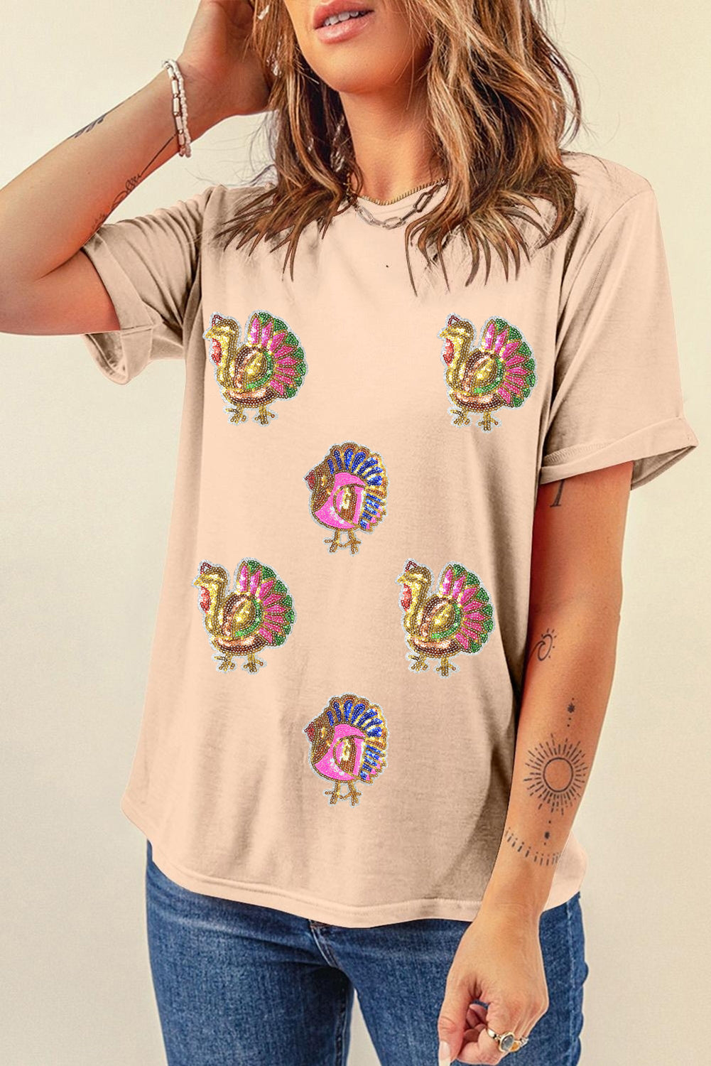 Khaki Sequin Turkey Patched Thanksgiving Graphic Tee
