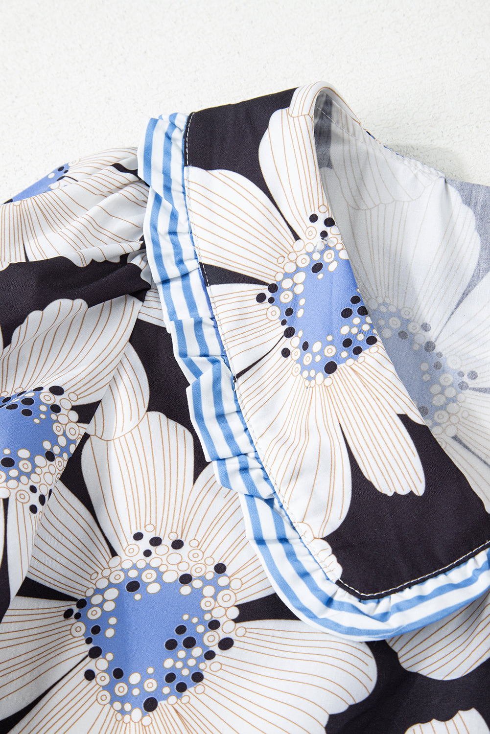 Black Floral Print Striped Tie Sleeve Collared V Neck Blouse