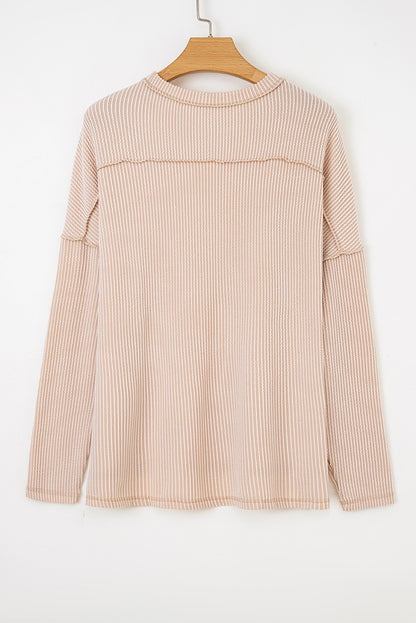 Dark Khaki Twist Ribbed Exposed Seam Detail Long Sleeve Loose Top