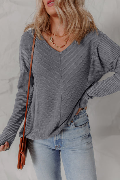 Sleet V Neck Chevron Texture Patchwork Long Sleeve Knit Top