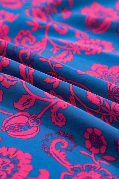 Blue Floral Print Twisted V Neck Tied Backless Maxi Dress