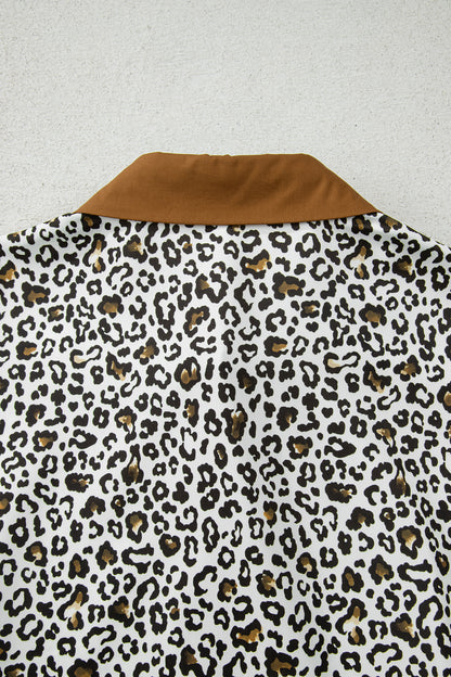 Khaki Plus Size Buttoned Contrast Trim Puff Sleeve Leopard Print Blouse