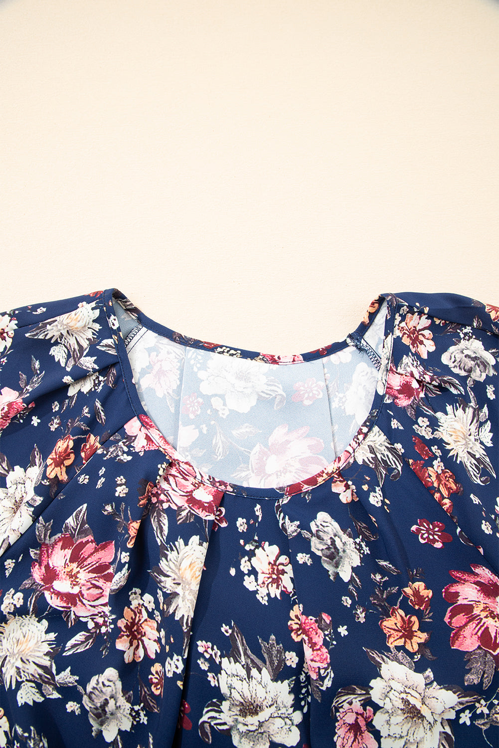 Blue Floral Short Sleeve Scoop Neck Casual Blouse