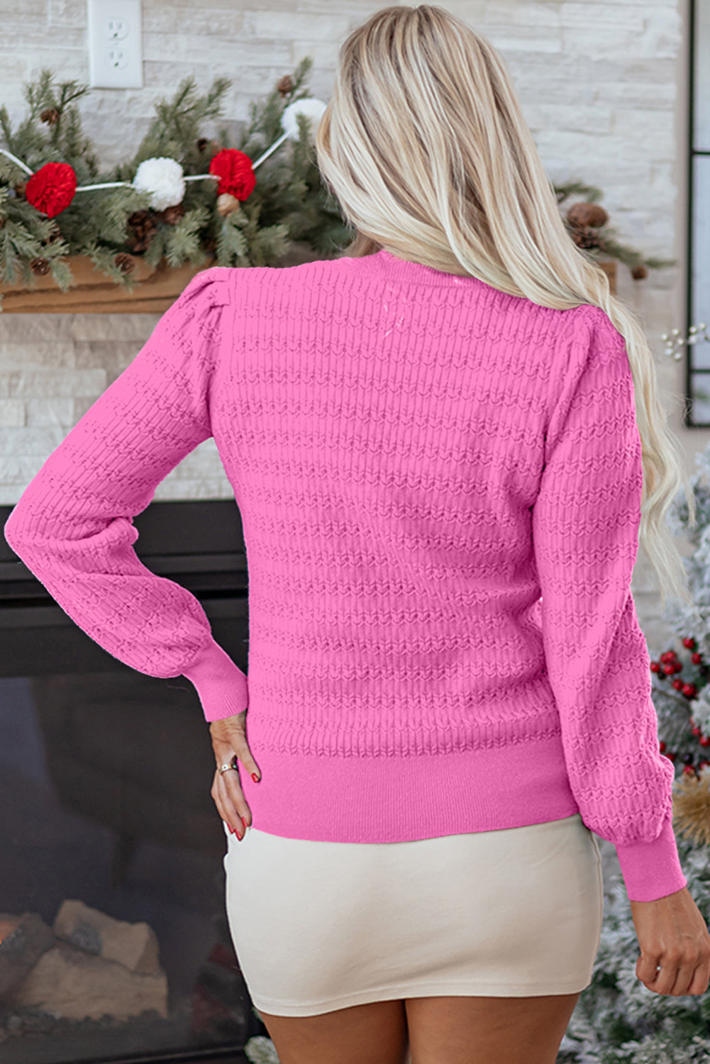 Bright Pink Trendy Pattern Knit Ribbed Cuffs Crew Neck Sweater