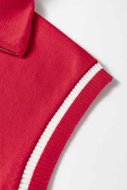 Fiery Red Quarter Zip Striped Detail Short Sleeve Sweater