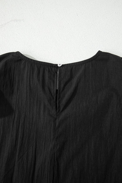 Black Contrast Trim Dual Ruffle Short Sleeve Textured Blouse