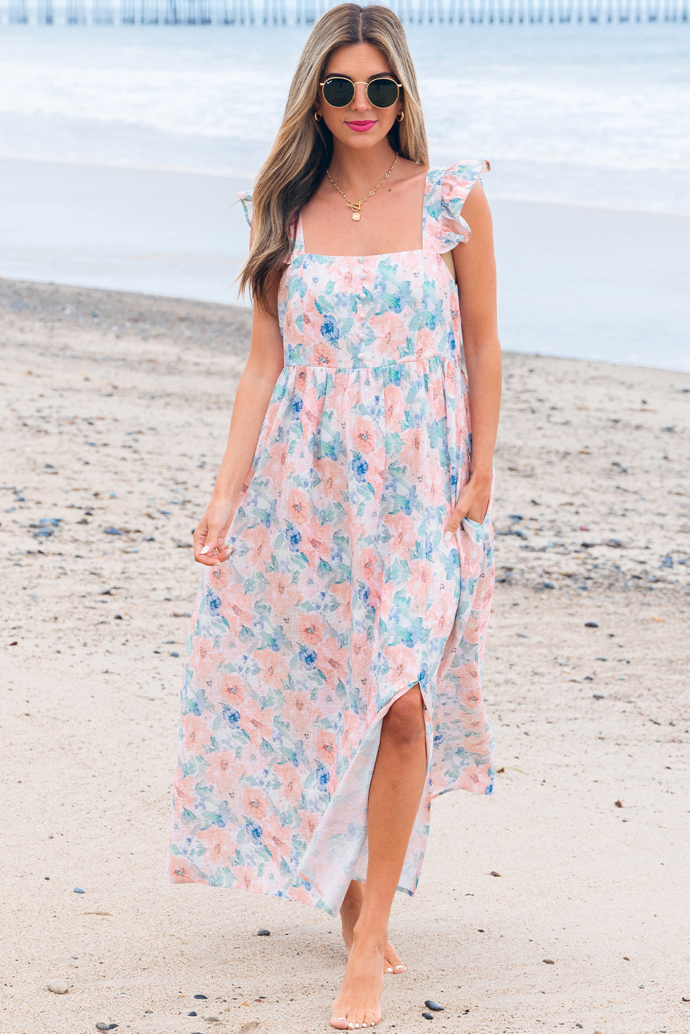 Pink Floral Print Square Neck Backless Long Dress with Slit