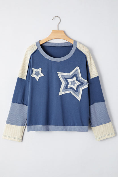 Dark Blue Contrast Knitted Colorblock Star Patchwork Oversize Long Sleeve Top