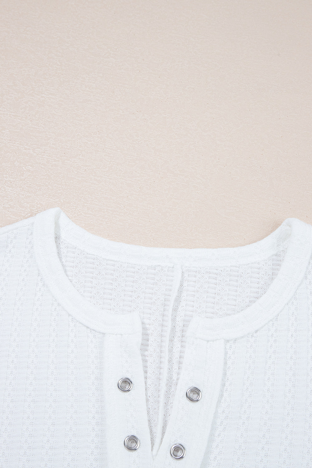 White Textured Hollow Grommet Placket Split Neck Short Sleeve Top