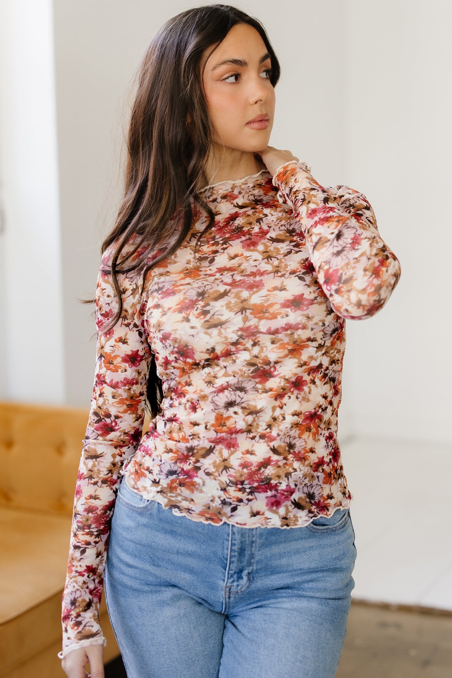 Red Lettuce Trim Floral Print Mesh Long Sleeve Top