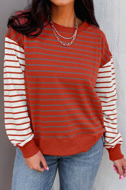 Orange Stripe Contrast Sleeve Patchwork Drop Shoulder Long Sleeve Sweatshirt