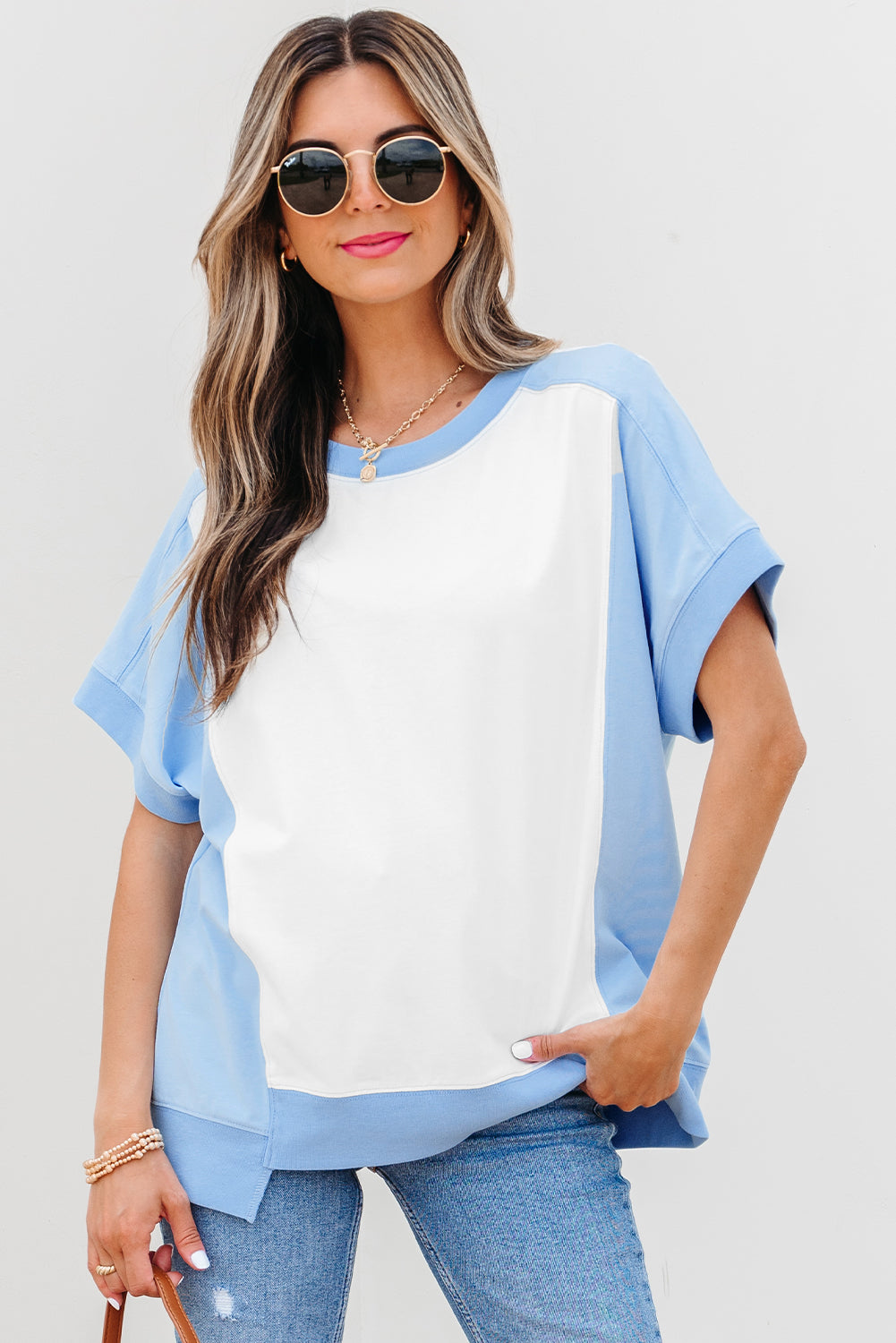 Sky Blue Color Block Exposed Seam Crew Neck T Shirt
