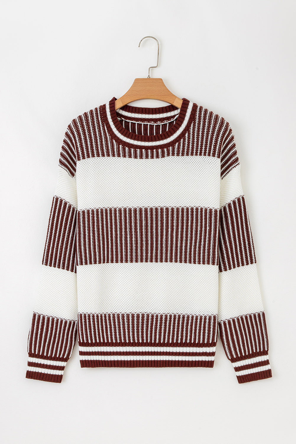 Brown Two Tone Striped Patchwork Drop Shoulder Loose Sweater