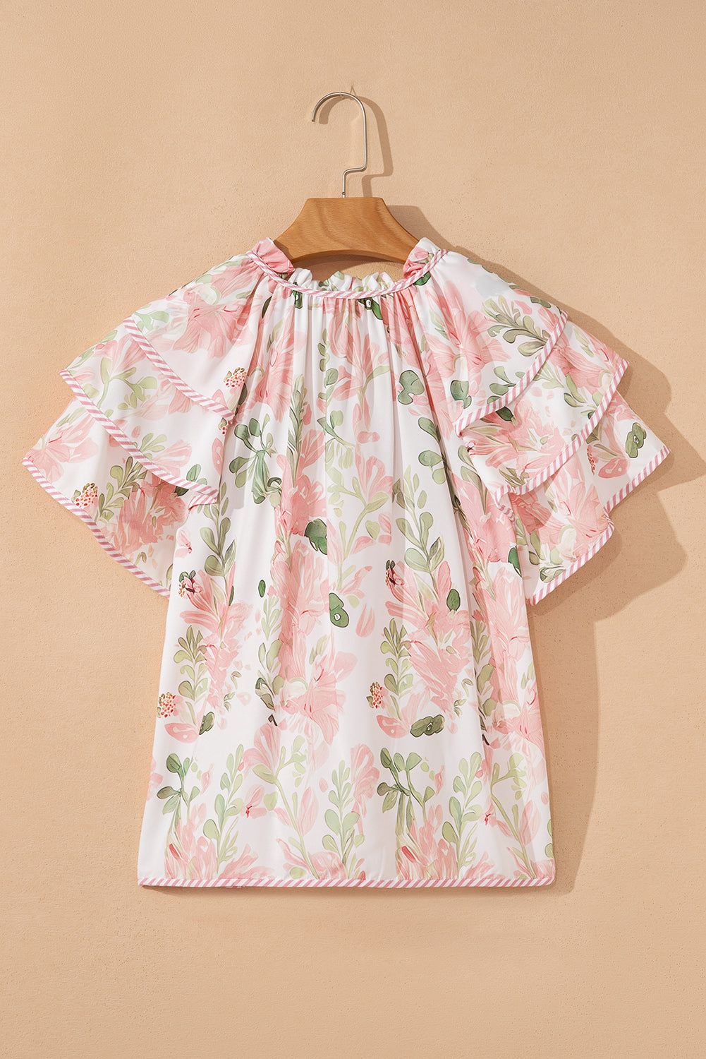 Pink Floral Print Striped Contrast Tiered Ruffled Sleeve V Neck Blouse