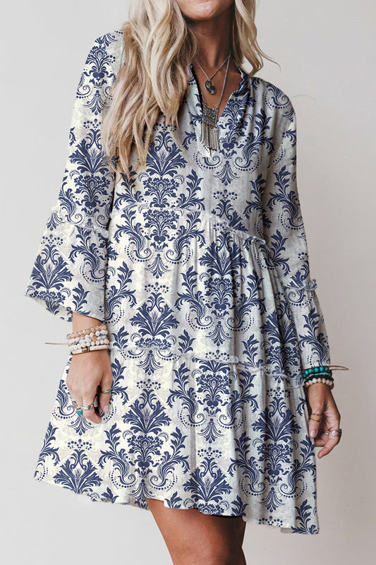 Sky Blue Boho Floral Print Lettuce Trim 3/4 Sleeve Mini Dress