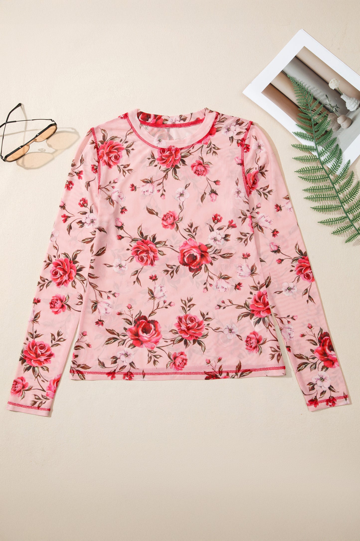 Pink Floral Print Exposed Seam Detail Mesh Long Sleeve Top