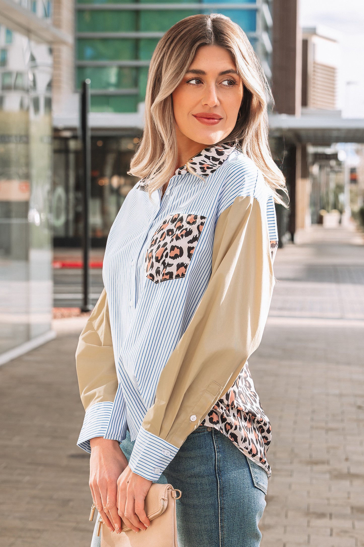 Sky Blue Stripe Colorblock Leopard Patchwork Chest Pocket Cuffed Sleeve Shirt