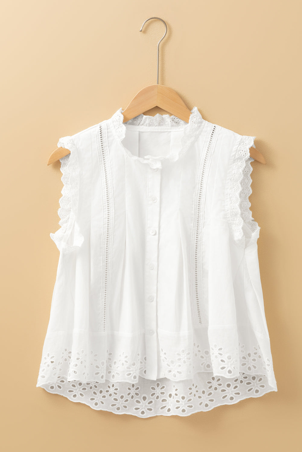 White Solid Color Lace Crochet Eyelets Sleeveless Buttoned Shirt