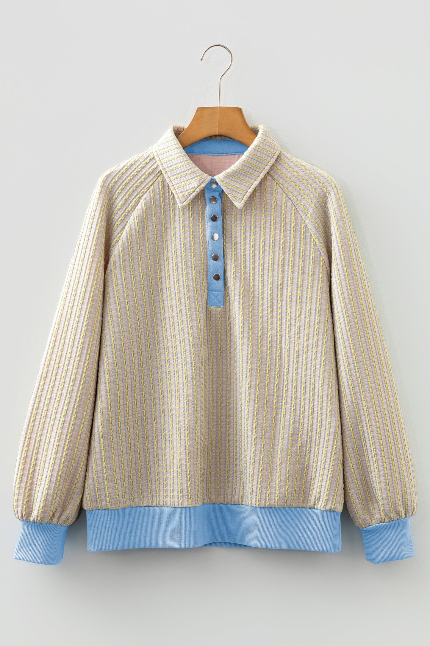 Beau Blue Button Front Jacquard Henley Sweatshirt