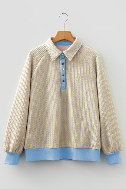 Beau Blue Button Front Jacquard Henley Sweatshirt