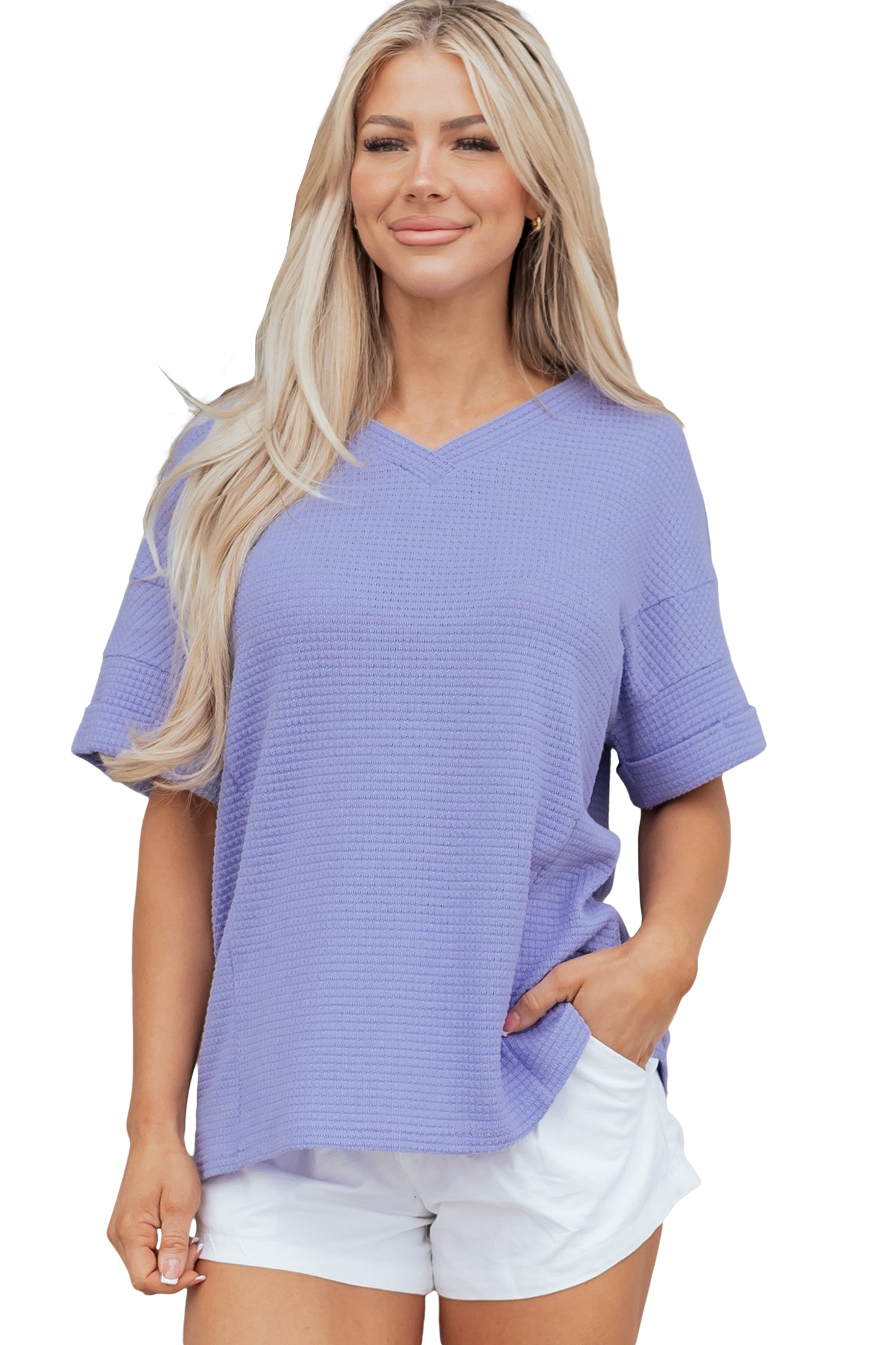 Wisteria Waffle V Neck Short Sleeve Knit Top