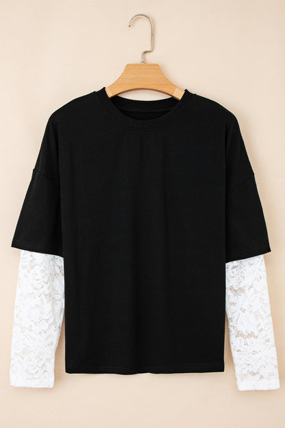 White Lace Long Sleeve Insert Drop Shoulder Tee