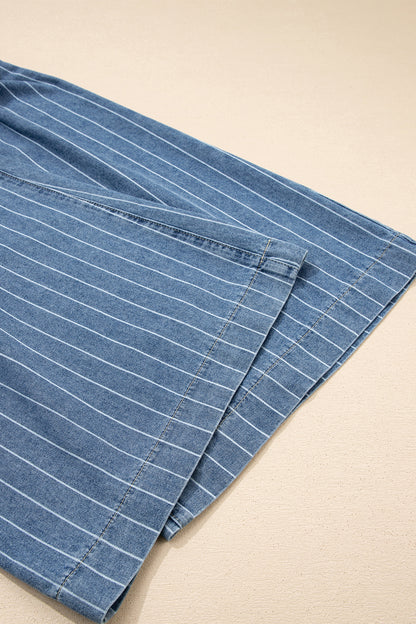 Sky Blue Stripe Button Pleated Drawstring Waist Casual Wide Leg Jeans