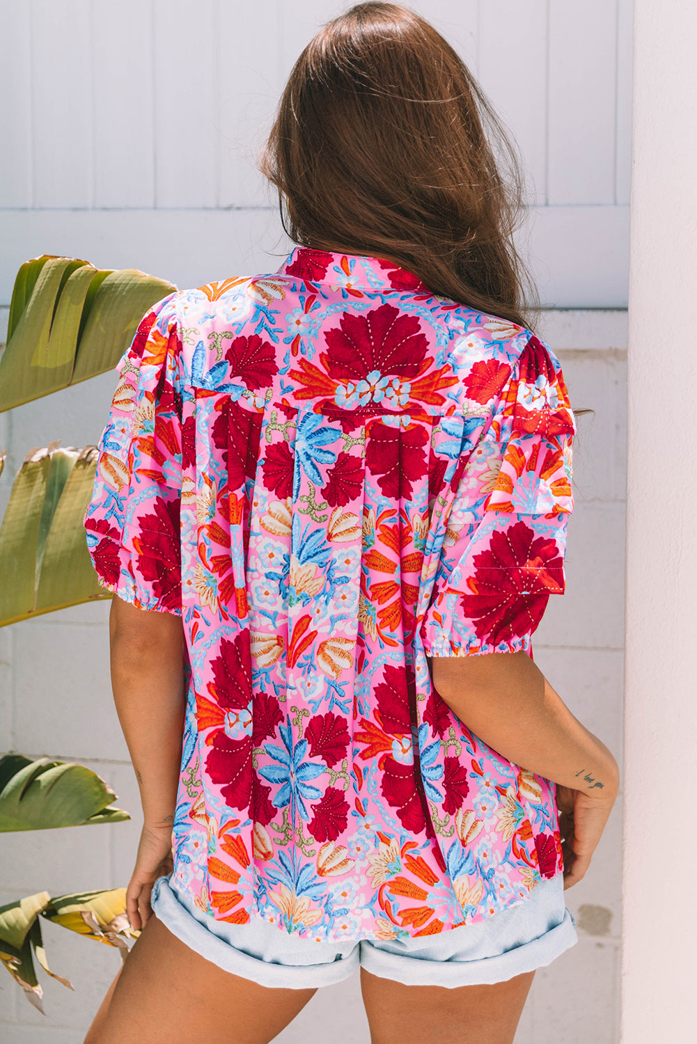 Pink Floral Print Bubble Sleeve Button Up Pleated Shirt