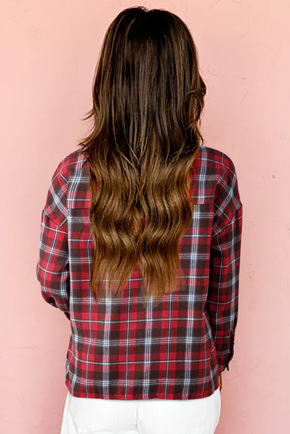 White Plaid Print Collared V Neck Loose Blouse with Side Slits