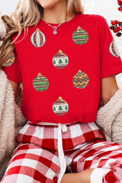 Red Christmas Ornament Bulbs Sequin Graphic Tee