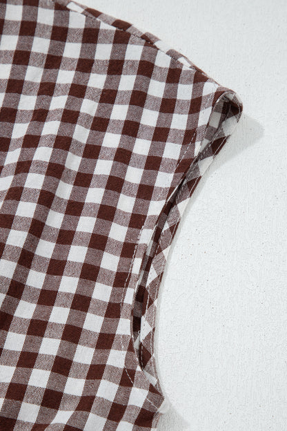 Coffee Plaid Print Full Zipper Cinched Waist Fit Flare Sleeveless Maxi Dress